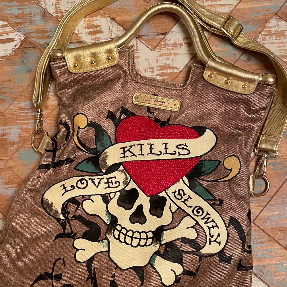 Rose gold & gold colored statement bag, with several ways to wear! Ed Harvey